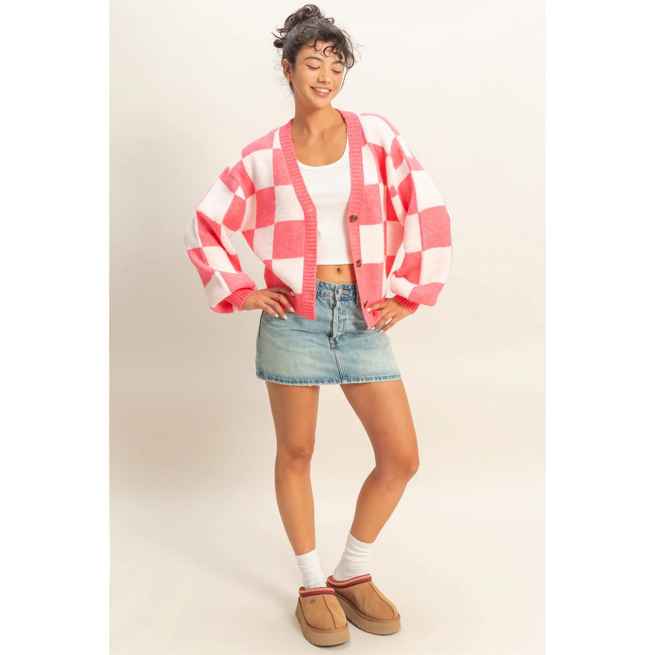 Checkered Button Front Cardigan Sweater