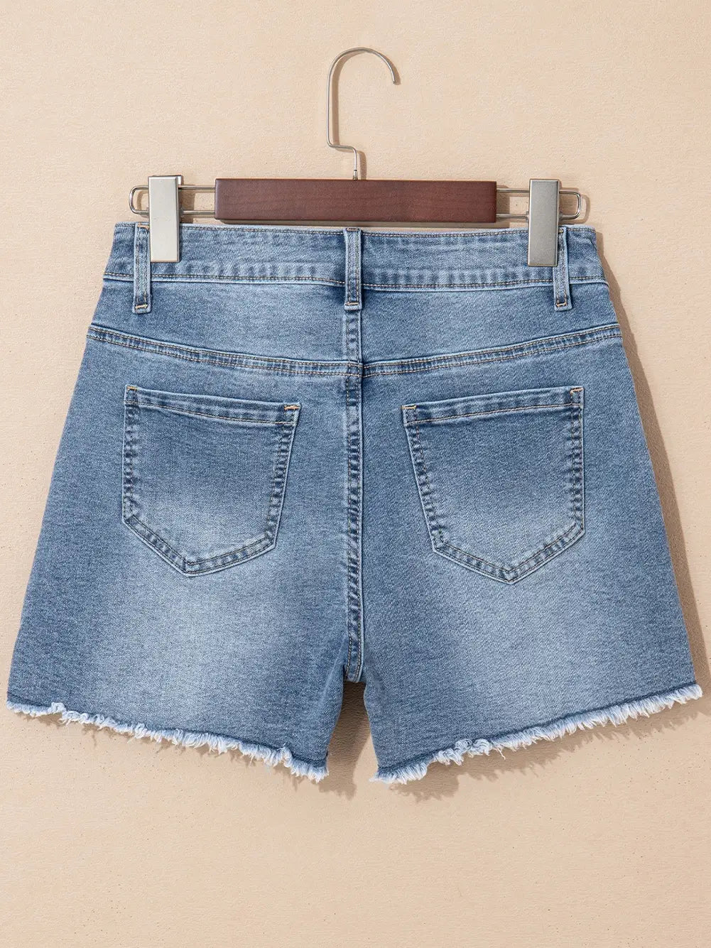 Pearl Beaded Raw Hem Medium Wash Denim