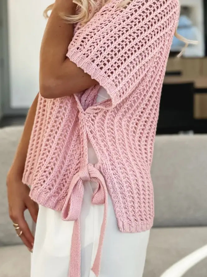 Crochet Side Tied Short Sleeve Sweater