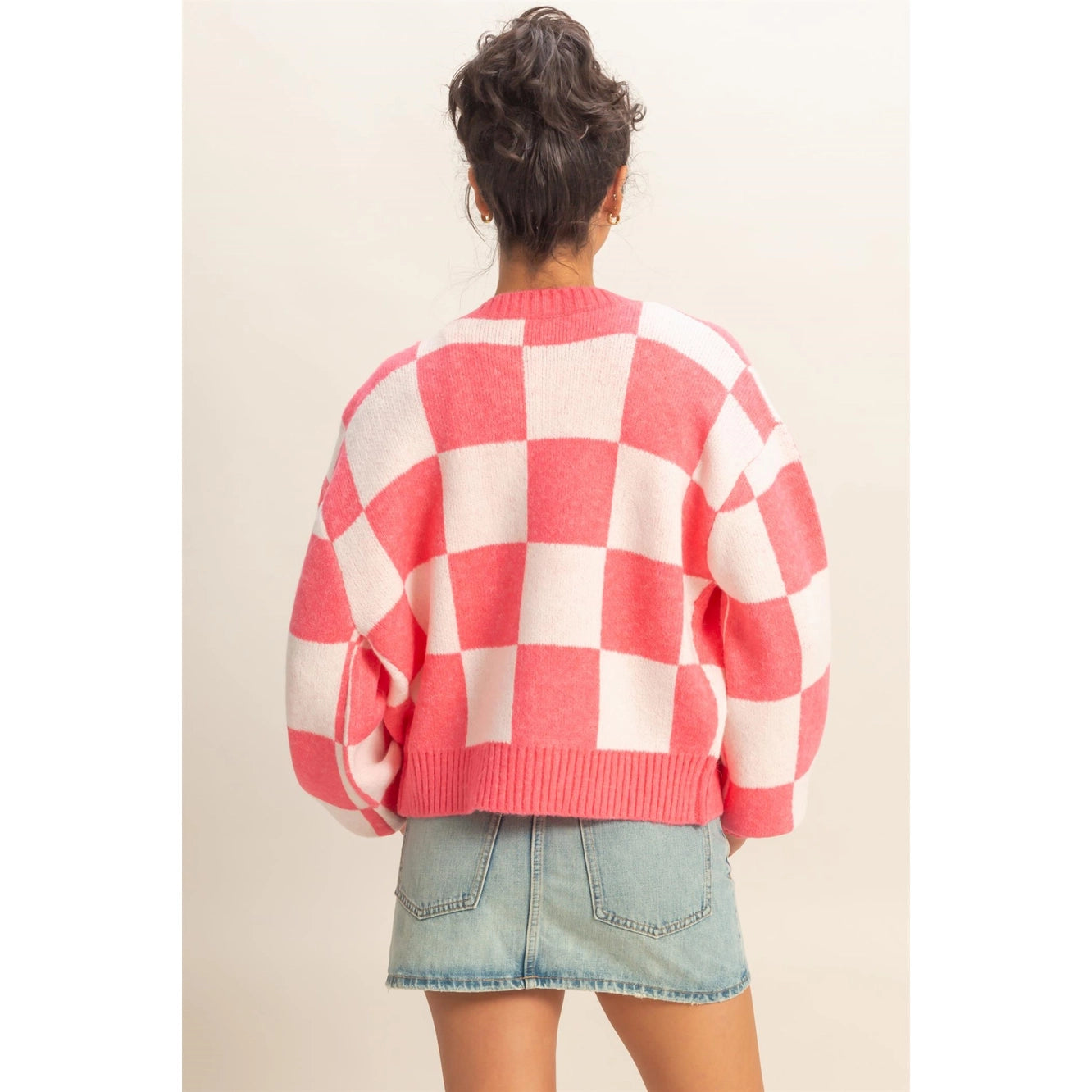 Checkered Button Front Cardigan Sweater