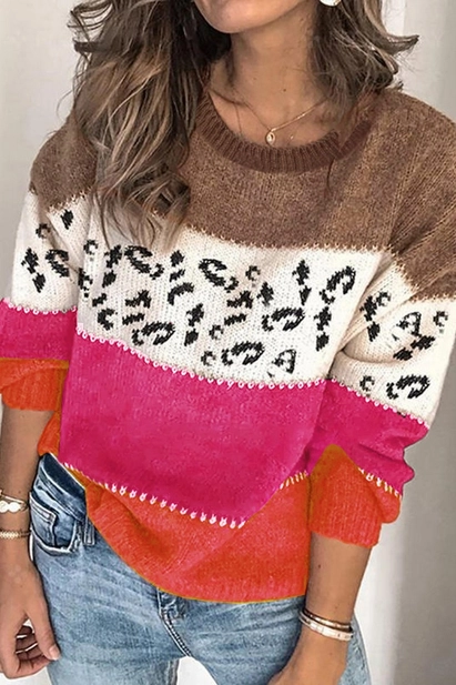 Leopard Print Round Neck Knitted Sweater