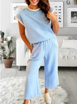 Textured Colorblock Edge Top High Waist Pants Set