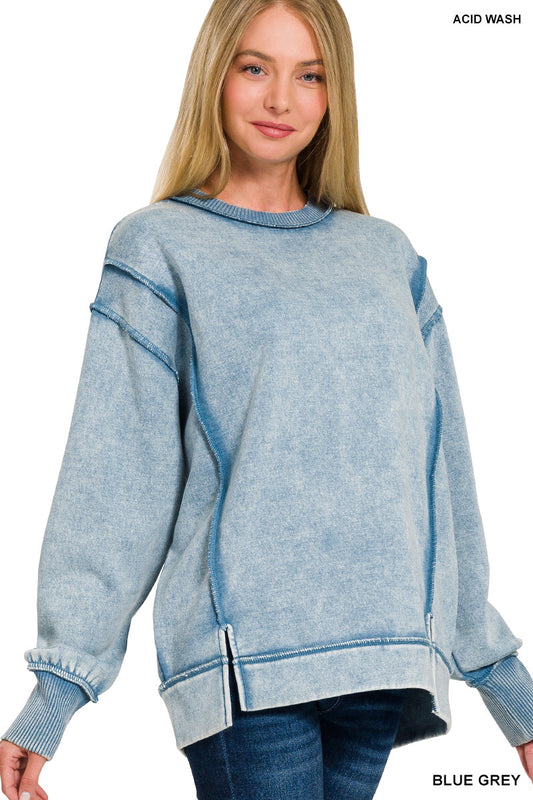 Acid Wash Exposed-Seam Fleece Sweatshirt