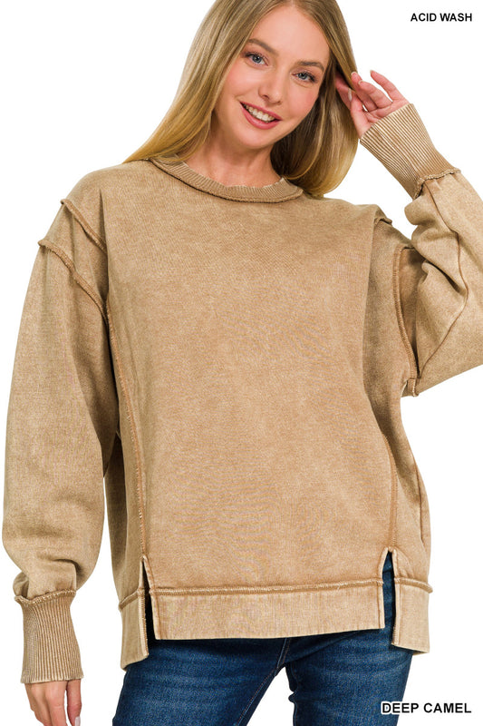 Acid Wash Exposed-Seam Fleece Sweatshirt