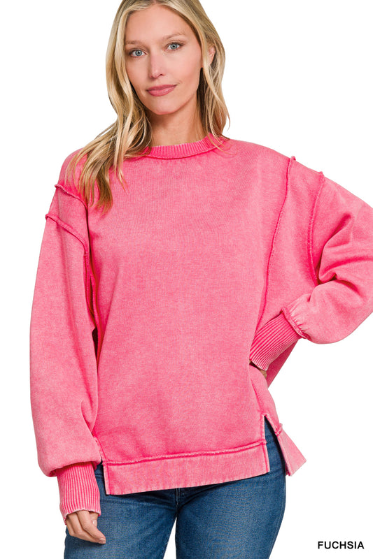 Acid Wash Exposed-Seam Fleece Sweatshirt