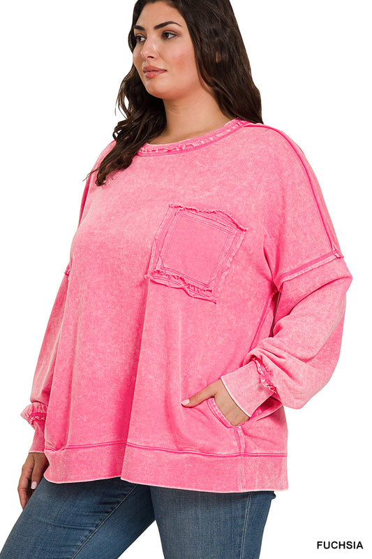 Acid Wash Exposed-Seam Fleece Sweatshirt