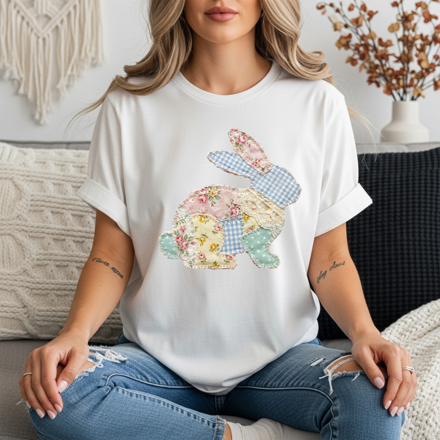 Faux Quilted Easter Bunny Sweatshirt or Tee