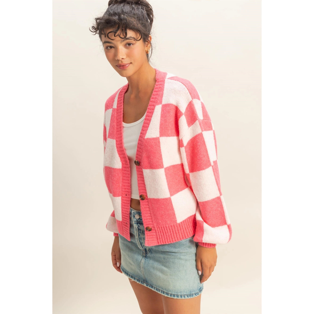 Checkered Button Front Cardigan Sweater