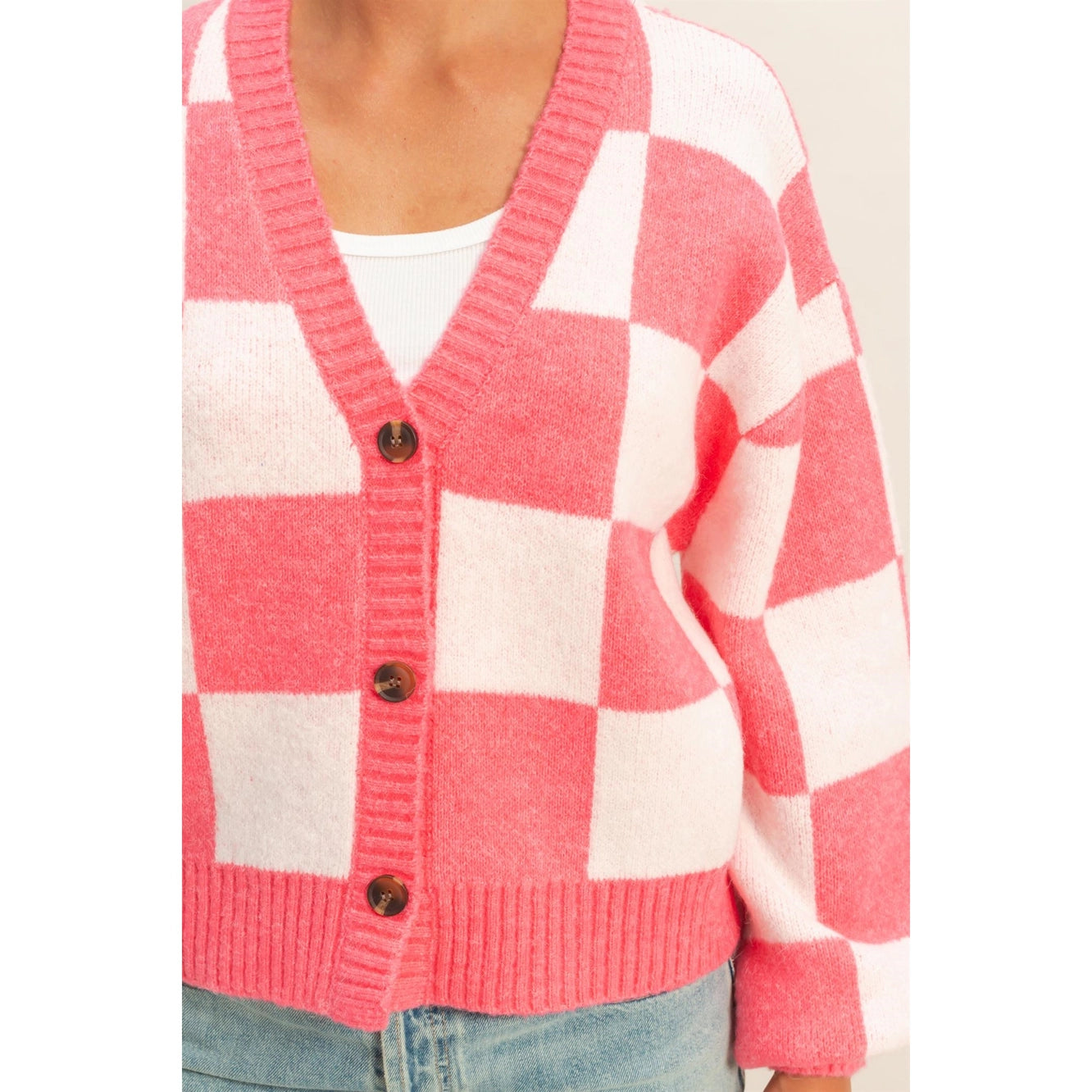 Checkered Button Front Cardigan Sweater