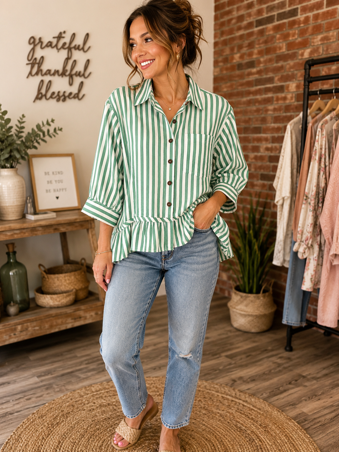 Striped Button Down Ruffle Top